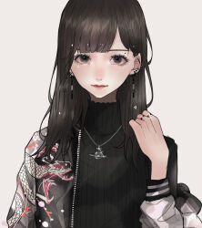 1girl barbell_piercing black_hair black_jacket black_sweater closed_mouth dragon_print earrings eyelashes grey_background grey_eyes highres jacket jacket_partially_removed jewelry lipstick long_hair long_sleeves makeup mano_aaa mole mole_above_eye multiple_rings original piercing planet_necklace print_jacket red_lips ring simple_background solo sweater turtleneck turtleneck_sweater upper_body zipper