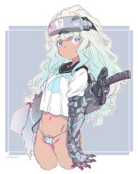 Rule 34 | 1girl, aqua hair, aqua neckerchief, aqua panties, black sailor collar, blue eyes, blush, cameltoe, commentary request, cowboy shot, cropped legs, cropped shirt, cyborg, dark-skinned female, dark skin, expressionless, gradient hair, head-mounted display, highres, long hair, looking at viewer, mechabare, mechanical arms, mechanical sword, mudou eichi, multicolored hair, navel, neckerchief, no pants, original, panties, prosthesis, prosthetic arm, red pupils, sailor collar, shirt, sketch, solo, sword, sword on back, two-tone hair, underwear, wavy hair, weapon, weapon on back, white hair, white shirt