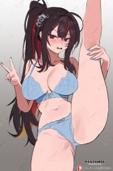 1girl black_hair blue_bra blue_panties bra breasts goddess_of_victory:_nikke highres ieugama large_breasts leg_up long_hair looking_at_viewer moran_(nikke) moran_(off-duty_queen)_(nikke) multicolored_hair panties patreon_logo patreon_username ponytail red_hair sidelocks solo standing standing_on_one_leg underwear v very_long_hair