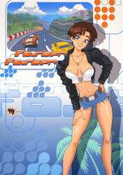 1990s_(style) 1girl blue_eyes breasts brown_hair car commentary denim denim_shorts drop_shadow earrings english_commentary highres hoop_earrings jewelry motor_vehicle nagase_reiko necklace palm_tree retro_artstyle ridge_racer short_hair shorts smile solo system_st91 tree