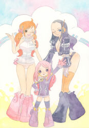 3girls absurdres arm_tattoo bare_shoulders belt_pouch black_hair boots breasts child cleavage commentary_request cropped_jacket full_body gloves hand_on_own_hip headphones highres jacket jewelry_bonney leather leather_jacket leotard long_hair looking_at_viewer multiple_girls nami_(one_piece) nami_(one_piece)_(egghead) nico_robin nico_robin_(egghead) one_eye_closed one_piece orange_hair orange_thighhighs painting_(medium) pink_hair pouch shoulder_tattoo sleeveless tattoo thighhighs traditional_media turtleneck twitter_username watercolor_(medium) wink yachiy0