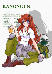 Rule 34 | 1girl, blue eyes, boots, brown hair, can, character name, dog tags, female focus, hair intakes, hayabusa (torijin), helmet, kanon, long hair, military, military uniform, misaka kaori, pilot suit, shirt, sitting, smile, solo, stats, strike commander, watch, wristwatch