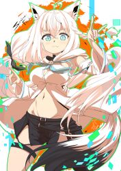 1girl :3 ahoge animal_ear_fluff animal_ears black_shorts blue_neckerchief blush braid breasts commentary_request detached_sleeves double_fox_shadow_puppet earrings fox_ears fox_girl fox_shadow_puppet fox_tail green_eyes hair_between_eyes hololive hood hoodie jewelry long_hair looking_at_viewer medium_breasts midriff navel neckerchief shirakami_fubuki shirakami_fubuki_(1st_costume) short_shorts shorts sidelocks single_braid solo tail thigh_strap user_jxum7855 virtual_youtuber white_hair white_hoodie