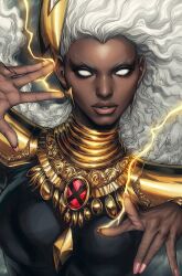 Rule 34 | 1girl, armor, black bodysuit, blank eyes, bodysuit, breasts, dark-skinned female, dark skin, earrings, electricity, electrokinesis, gold, highres, jewelry, large breasts, lightning bolt earrings, lightning bolt symbol, looking at viewer, marvel, pauldrons, shoulder armor, solo, stanley lau, storm (x-men), very dark skin, white hair, x-men