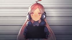 1girl ahoge female_focus gloves headphones headset kanjy00u long_hair mugshot red_eyes red_hair sf-a2_miki sign_holding solo vocaloid