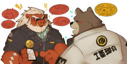 ! !! 4boys 5girls animal_ears anton_ivanov bear_boy bear_ears beard ben_bigger big_daddy_(zenless_zone_zero) black_jacket blush boar_boy boar_ears brown_fur burnice_white caesar_king_(zenless_zone_zero) colored_skin commentary english_commentary facial_hair fangs furry furry_male grace_howard heart highres holding holding_phone jacket koleda_belobog leather leather_jacket lighter_(zenless_zone_zero) looking_at_another luciana_de_montefio maosharki multiple_boys multiple_girls notice_lines open_mouth phone pig_nose pointing_at_object red_skin smile sparkle speech_bubble spoken_character sunglasses tusks white_background white_hair white_jacket zenless_zone_zero