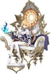Rule 34 | angel wings, armor, blonde hair, braid, braided twintails, breasts, cushion, fate/grand order, fate (series), feathered wings, full body, game cg, gauntlets, hair ribbon, halo, highres, holding, jeanne d&#039;arc (fate), juliet sleeves, konoe ototsugu, long hair, long sleeves, looking at viewer, medium breasts, metatron jeanne (fate), neck ribbon, official art, on chair, puffy sleeves, ribbon, second-party source, shirt, shoes, sitting, skirt, tachi-e, thighhighs, transparent background, twin braids, very long hair, white shirt, white shoes, white thighhighs, white wings, wings, yellow eyes