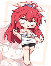 !? 1girl :d ahoge barefoot bike_shorts black_shorts blue_archive blush breasts brown_background chibi collarbone commentary_request hair_between_eyes halo hana_kazari highres holding holding_stylus long_hair looking_at_viewer maki_(blue_archive) maki_(pajamas)_(blue_archive) nipples o_o off_shoulder open_mouth red_hair shorts small_breasts smile solo stylus tank_top two-tone_background very_long_hair walking white_background white_tank_top zoom_layer