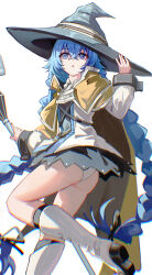 Rule 34 | 1girl, absurdres, ass, black hat, black socks, blue hair, boots, braid, cape, crossed bangs, hair between eyes, hat, highres, holding, knee boots, kneehighs, long hair, looking at viewer, mushoku tensei, panties, parted lips, roxy migurdia, simple background, socks, solo, standing, standing on one leg, twin braids, underwear, very long hair, white background, white boots, white panties, witch hat, wuzhihuijia