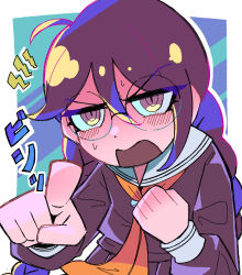 1girl ahoge blush braid cafi_ore collared_shirt commentary_request danganronpa:_trigger_happy_havoc danganronpa_(series) eyelashes fukawa_toko glasses highres long_hair long_sleeves neckerchief open_mouth pointing pointing_at_viewer purple_eyes purple_hair purple_shirt red_neckerchief round_eyewear sailor_collar school_uniform serafuku shirt solo sweat translation_request twin_braids twintails upper_body white_sailor_collar