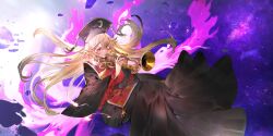 1girl belt black_dress black_hat blonde_hair breasts brown_belt chinese_clothes commentary crescent crescent_print crossed_bangs dalachi_(headdress) dress energy english_commentary fingernails floating_hair flying frilled_sleeves frills game_cg hair_between_eyes hat highres holding holding_instrument instrument junko_(touhou) large_breasts long_fingernails long_hair long_sleeves looking_to_the_side mandarin_collar mayutsuba_mono music neck_ribbon official_art outdoors playing_instrument purple_sky red_eyes red_nails red_tabard ribbon sky solo space star_(sky) starry_sky tabard tassel third-party_source touhou touhou_lostword v-shaped_eyebrows very_long_hair wide_sleeves yellow_ribbon