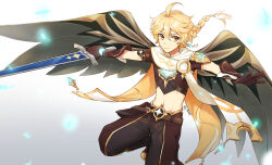 1boy aether_(genshin_impact) ahoge arm_armor belt blonde_hair boots braid brown_belt brown_boots brown_gloves brown_pants brown_shirt closed_mouth commentary crop_top floating_hair genshin_impact gloves groin hair_between_eyes hair_ornament highres holding holding_sword holding_weapon knee_boots long_hair looking_at_viewer male_focus midriff navel pants scarf shirt short_sleeves sidelocks signature single_braid solo sword torami23 weapon white_scarf wind_glider yellow_eyes