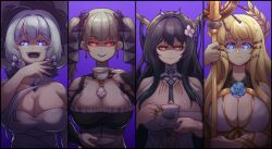 Rule 34 | 4girls, absurdres, azur lane, black hair, blonde hair, blue eyes, breasts, brown eyes, cleavage, commission, cup, dress, formidable (azur lane), glowing, glowing eyes, grey hair, grin, highres, holding, holding cup, holding staff, huge breasts, illustrious (azur lane), indomitable (azur lane), laughing, looking at viewer, multiple girls, ojou-sama pose, red eyes, smile, smug, staff, straight-on, thokuma, twintails, victorious (azur lane), white dress, white hair
