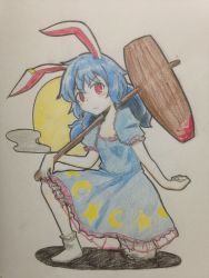 &gt;:( 1girl animal_ears blue_dress blue_hair blush closed_mouth commentary_request crescent dress earclip efukei female_focus frown holding kine long_hair looking_at_viewer mallet no_shoes on_one_knee one-hour_drawing_challenge puffy_short_sleeves puffy_sleeves rabbit_ears red_eyes seiran_(touhou) short_sleeves socks solo stain star_(symbol) touhou traditional_media v-shaped_eyebrows white_socks