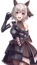 1girl animal_ears arm_behind_back black_dress black_gloves blush breasts brown_pantyhose cleavage cowboy_shot curren_chan_(sakutsuki_ma_cherie)_(umamusume) curren_chan_(umamusume) dress ear_covers elbow_gloves gloves grey_hair hand_up horse_ears looking_at_viewer medium_breasts open_mouth pantyhose purple_eyes see-through_clothes see-through_cleavage short_hair single_bare_shoulder sleeveless sleeveless_dress smile solo umamusume upper_body yami_anko