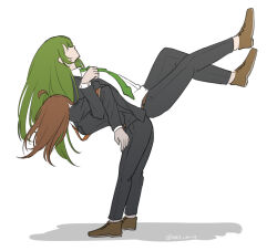Rule 34 | 1boy, 1girl, ahoge, assisted stretching, back-to-back, black jacket, black pants, black suit, brown hair, brown shoes, collared shirt, dress shirt, faceless, formal clothes, green hair, highres, hod (project moon), jacket, lobotomy corporation, long hair, netzach (project moon), ori oriio, pants, project moon, shirt, shoes, simple background, suit, white background, white shirt