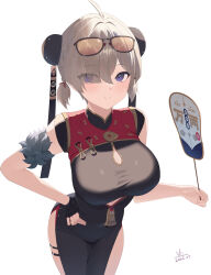 Rule 34 | 1girl, absurdres, ahoge, black dress, braid, breasts, bun cover, china dress, chinese clothes, cleavage cutout, closed mouth, clothing cutout, double bun, dress, eyes visible through hair, eyewear on head, fingerless gloves, gloves, gold trim, grey hair, hair bun, hair over one eye, hand fan, highres, holding, holding fan, large breasts, looking at viewer, medium hair, pelvic curtain, purple eyes, short sleeves, short twintails, simple background, smile, solo, sunglasses, sweety (zenless zone zero), thigh strap, thighs, twintails, underboob cutout, vii22581034, white background, zenless zone zero