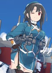 Rule 34 | 1girl, adapted turret, ascot, beret, black gloves, black hair, black thighhighs, blue hat, blush, breasts, cannon, cloud, cloudy sky, day, garter straps, gloves, hand on own hip, hat, highres, kantai collection, large breasts, looking at viewer, machinery, military, military uniform, minosu, one eye closed, red eyes, rigging, ship turret, short hair, skirt, sky, smile, solo, takao (kancolle), thighhighs