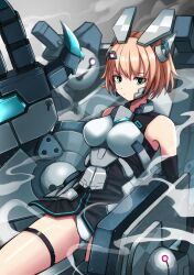 1girl absurdres aqua_eyes arm_at_side bare_legs bare_shoulders black_dress blue_trim breasts closed_mouth commentary commission cosmic_break cowboy_shot dress english_commentary english_text grey_background hand_up highres leotard light_particles looking_at_viewer mecha_musume mechanical_arms medium_breasts nankou_(koutanan) orange_hair oversized_limbs panties second-party_source serious short_dress short_hair silva_(cosmic_break) skeb_commission sleeveless sleeveless_dress smoke solo thigh_strap thighs underwear white_panties