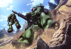 absurdres artist_request battle cloud debris dirty forest gun gundam gundam_perfect_file highres holding holding_weapon jumping machine_gun machinery mecha mecha_focus mobile_suit mobile_suit_gundam motion_blur nature no_humans one-eyed pine_tree pink_eyes realistic robot rock scan science_fiction shield sun thrusters traditional_media translation_request tree weapon zaku_ii zeon