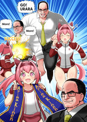 1boy 1girl absurdres animal_ears aramori_susumu bandaid bandaid_on_leg bow buruma ear_bow ear_covers fingerless_gloves flower_in_eye glass gloves haru_urara_(umamusume) headband highres horse_ears horse_girl horse_tail meme metal_gear_(series) metal_gear_rising:_revengeance multiple_views muscular necktie pink_hair pink_headband ponytail punching raiden_punching_armstrong_(meme) receding_hairline red_buruma running sash smile steven_armstrong symbol_in_eye tail tears tracen_training_uniform umamusume yellow_necktie