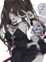Rule 34 | 2girls, black dress, black nails, boo tao (genshin impact), dress, flower-shaped pupils, furina (genshin impact), genshin impact, halo, highres, hu tao (genshin impact), multiple girls, nail polish, one eye closed, rurusorachan, simple background, symbol-shaped pupils, tongue, tongue out, v, white background
