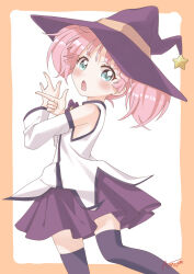 Rule 34 | 1girl, aqua eyes, bare shoulders, border, bow, cosplay, d:, detached sleeves, hat, horns, light blush, looking at viewer, machiyama akane, mirakurun, mirakurun (cosplay), multiple girls, open mouth, orange border, pink hair, purple skirt, purple thighhighs, shirt, short hair, signature, simple background, single horn, skirt, solo, standing, star (symbol), thighhighs, tsuki ni kawatte oshioki yo, twintails, wand, white background, white shirt, witch hat, yoshikawa chinatsu, yuru yuri, zettai ryouiki