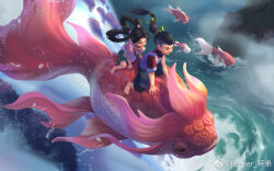 1boy 1girl animal animal_request baggy_pants bare_arms bare_legs barefoot black_eyes black_hair black_pants blue_shorts child chinese_clothes feet floating_hair fog forehead green_ribbon hair_ribbon hair_rings hair_tie happy highres koi long_hair looper_dd low_ponytail lower_teeth_only multi-tied_hair open_mouth original oversized_animal pants pink_shirt ponytail red_sleeves ribbon rock shirt short_sleeves shorts smile teeth thick_eyebrows turtleneck turtleneck_shirt watermark weibo_watermark white_shirt