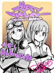 2girls border brown_background brown_eyes chapter_number copyright_name crossed_arms digimon digimon_card_game digimon_liberator fukunari_kanchi goggles goggles_on_head goggles_on_headwear greyscale_with_colored_background halftone helmet high_ponytail highres jacket kinosaki_arisa kinosaki_mirai long_hair medium_hair multiple_girls polka_dot polka_dot_background ponytail release_celebration siblings sisters upper_body white_border yellow_background