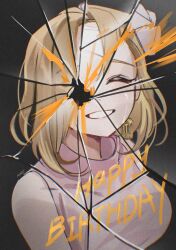 1girl ^_^ birdcage blonde_hair breasts cage closed_eyes crying dress earrings film_grain grin happy_birthday hashtag-only_commentary hir0gram jewelry looking_at_viewer medium_breasts milgram missing_eye official_alternate_costume paint_splatter portrait shattered shiina_mahiru_(milgram) short_hair sleeveless sleeveless_dress smile solo straitjacket streaming_tears sweater tears turtleneck turtleneck_sweater