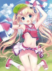 1girl :d arm_up armpits bare_arms bare_shoulders belt blonde_hair blue_eyes blue_sky blurry bow breasts cheerleader cleft_of_venus clothes_lift cloud cloudy_sky collarbone contrail crop_top day dengeki_moeoh detexted exhibitionism female_focus hair_bow hair_ornament hairclip highres holding holding_pom_poms kimishima_ao knees_together_feet_apart loli long_hair looking_at_viewer midair midriff miniskirt navel no_panties nude_filter open_mouth outdoors pleated_skirt pom_pom_(cheerleading) pom_poms public_indecency pussy red_shirt scan shirt shoes skirt skirt_lift sky sleeveless sleeveless_shirt small_breasts smile sneakers socks solo star_(symbol) stomach striped_bow sweat thighs third-party_edit twintails uncensored very_long_hair visor_cap white_skirt white_socks