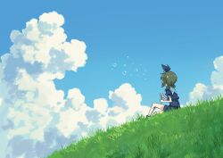Rule 34 | 1girl, ankle boots, assault lily, black boots, black bow, black skirt, blowing bubbles, blue sky, boots, bottle, bow, bubble wand, cloud, covered eyes, cropped jacket, cumulonimbus cloud, day, grass, green hair, hair bow, hair over eyes, hands up, highres, holding, holding bottle, knee up, long hair, low twintails, miniskirt, on grass, on ground, outdoors, puffy short sleeves, puffy sleeves, school uniform, short sleeves, sitting, skirt, sky, soap bubbles, solo, teisuu, twintails, underbust, yamanashi hibari, yurigaoka girls academy school uniform