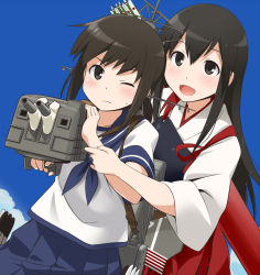 10s 2girls :d ;( aiming akagi_(kancolle) arrow_(projectile) black_eyes black_hair blush brown_hair cloud fubuki_(destroyer) fubuki_(kancolle) hand_on_another&#039;s_head japanese_clothes kantai_collection long_hair miko multiple_girls muneate one_eye_closed open_mouth personification quiver school_uniform serafuku ship_turret short_hair sky smile teaching torpedo weapon wink youkan