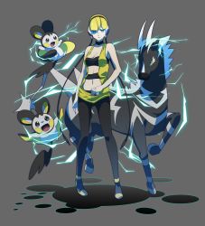 10s 1girl aqua_eyes bad_id bad_pixiv_id bare_shoulders black_pantyhose blonde_hair breasts cleavage electricity elesa_(pokemon) emolga female_focus gen_5_pokemon gym_leader high_heels highres holding holding_poke_ball legs midriff navel nintendo pantyhose poke_ball pokemon pokemon_(creature) pokemon_bw setsu shoes short_hair small_breasts zebstrika