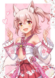 1girl :d animal_ear_fluff animal_ears bare_shoulders blush border breasts commentary_request detached_sleeves double_v floral_print flower fox_ears hands_up heart highres idolmaster idolmaster_million_live! idolmaster_million_live!_theater_days japanese_clothes kasuga_mirai kasuga_mirai_(byakko_thulite) koaya looking_at_viewer official_alternate_hair_color one_side_up open_mouth outside_border pink_background pink_hair red_skirt short_hair skirt smile solo v white_border white_flower yellow_eyes