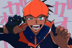 1boy blue_eyes dark-skinned_male dark_skin earrings fangs gloves gym_leader highres jewelry looking_at_viewer male_focus mama_garr nintendo open_mouth partially_fingerless_gloves pokemon pokemon_swsh raihan raihan_(pokemon) smile solo stud_earrings sweatband upper_body