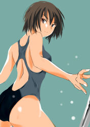 1girl amagami ass back_cutout black_eyes black_hair black_one-piece_swimsuit blue_one-piece_swimsuit closed_mouth clothing_cutout commentary competition_swimsuit looking_at_viewer looking_back murasaki_iro nanasaki_ai one-piece_swimsuit short_hair solo swimsuit two-tone_swimsuit