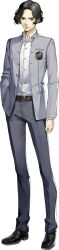 1boy artist_request belt belt_buckle brown_belt buckle buttons closed_mouth collared_shirt full_body grey_jacket grey_pants hand_in_pocket highres ikenami_shouki jacket long_image long_sleeves male_focus official_art open_clothes open_jacket pants persona persona_5 persona_5:_the_phantom_x pocket school_uniform shirt short_hair smile solo tall_image third-party_source transparent_background white_shirt