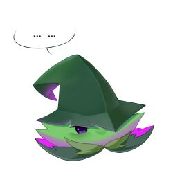 Rule 34 | ..., chinese commentary, commentary request, enchant-mint (plants vs. zombies), green hat, hat, looking at viewer, no humans, no mouth, no sclera, one eye covered, plant, plant focus, plants vs. zombies, plants vs. zombies 2, purple eyes, simple background, solo, speech bubble, spoken ellipsis, veghia, white background, wizard hat