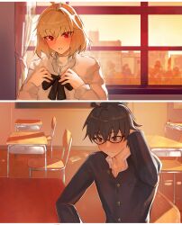 Rule 34 | 1boy, 1girl, absurdres, ahoge, arcueid brunestud, black hair, black ribbon, blonde hair, blush, capelet, city, classroom, couple, desk, flustered, glasses, hand on own head, highres, indoors, jewelry, looking at another, necklace, red eyes, ribbon, school, school desk, school uniform, shirt, short hair, souya high school uniform, sunlight, sweater, tohno shiki, tsukihime, tsukihime (remake), white capelet, white shirt, white sweater, yotsutsu428