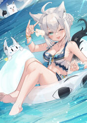 1girl absurdres ahoge animal_ear_fluff animal_ears armlet blush braid breasts commentary_request double_fox_shadow_puppet dutch_angle earrings food fox_ears fox_girl fox_shadow_puppet fox_tail fubuzilla_(shirakami_fubuki) fumio_kunisaki green_eyes hair_between_eyes hair_bun highres holding holding_food holding_ice_cream hololive hololive_summer_2023_swimsuit ice_cream innertube jewelry looking_at_viewer ocean one_eye_closed pentagram shirakami_fubuki sidelocks single_braid small_breasts sukonbu_(shirakami_fubuki) swim_ring swimsuit tail tongue tongue_out virtual_youtuber white_hair