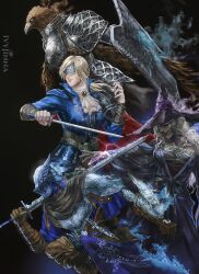 2boys 2girls armor artist_name ascot beak bird_boy black_background black_dress blindfold blonde_hair blue_jacket breastplate brother_and_sister brown_gloves brown_scarf dark-skinned_female dark_skin dress duchess_(elden_ring) elden_ring elden_ring_nightreign feathers gloves guardian_(elden_ring) hat helmet highres jacket lipstick makeup multiple_boys multiple_girls purple_eyes purple_hat recluse_(elden_ring) scarf shield shoulder_armor siblings simple_background white_ascot witch_hat wylder_(elden_ring) yujia0412
