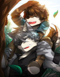 2boys animal_ears black_tank_top blue_shirt brown_fur brown_hair closed_eyes commentary_request dog_boy dog_ears dog_nose dog_tags falling_leaves furry furry_male grey_fur grey_hair highres jewelry kouya_aotsuki leaf male_focus morenatsu multiple_boys necklace open_mouth shirt shun_kodori sitting_on_shoulder smile surprised tachiyawolf tail tank_top tree under_tree wide-eyed wolf_boy wolf_ears wolf_tail wristband