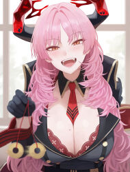 Rule 34 | 1girl, absurdres, black dress, blue archive, blush, bra, breasts, cleavage, commentary, dress, fangs, halo, highres, holding, holding pendulum, horns, huge breasts, junmin, long hair, looking at viewer, mole, mole on breast, motion blur, necktie, open mouth, orange eyes, pendulum, pink hair, red bra, red halo, red horns, red necktie, red wrist cuffs, satsuki (blue archive), smile, solo, teeth, underwear, wrist cuffs