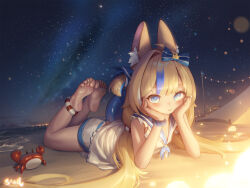 Rule 34 | 1girl, animal ear fluff, animal ears, banned artist, barefoot, beach, blonde hair, blue bow, blue eyes, blue hair, blue sailor collar, blush, bow, breasts, cat ears, closed mouth, crab, dress, feet up, female focus, fins, fish girl, fish tail, frilled dress, frilled sailor collar, frills, full body, hair bow, indie virtual youtuber, lifebuoy hair ornament, long hair, looking at viewer, low twintails, lying, multicolored hair, night, on stomach, one side up, outdoors, paid reward available, sailor collar, sailor dress, sameko saba, sarena, short dress, short shorts, shorts, sky, sleeveless, sleeveless dress, small breasts, soles, solo, star (sky), starry sky, streaked hair, tail, the pose, toes, twintails, virtual youtuber, white shorts