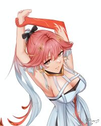 1girl arms_up black_collar braid breasts changli_(wuthering_waves) cleavage collar colored_extremities commentary dress hair_extensions hair_ornament highres large_breasts multicolored_hair no_jacket pink_hair red_hands ring_hair_extensions roxs_(roxss29) signature simple_background solo twin_braids two-tone_hair upper_body white_background white_dress white_hair wuthering_waves