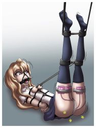 Rule 34 | 1girl, aisaka taiga, arms behind back, bdsm, black thighhighs, bondage, bound, bound ankles, bound arms, bound legs, breasts, breasts out, brown hair, female focus, gag, gagged, gradient background, harness, harness gag, highres, humite-ubie, leg lift, long hair, nipple clamps, nipple leash, nipples, no bra, panties, purple eyes, ring gag, saliva, sex toy, shirt, simple background, skirt, solo, thighhighs, toradora!, underwear, vibrator, white panties