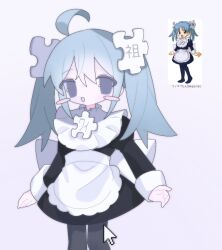 1girl :d ahoge apron bad_id bad_twitter_id black_dress black_pantyhose blue_eyes blue_hair blush_stickers character_name collared_dress cursor dress fpwrs hair_between_eyes hair_ornament highres juliet_sleeves long_hair long_sleeves looking_at_viewer maid open_mouth pantyhose personification puffy_sleeves puzzle_piece puzzle_piece_hair_ornament reference_inset smile solo standing translation_request twintails wikipe-tan wikipedia