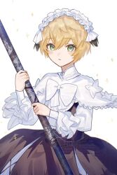 1girl black_dress blonde_hair blush_stickers breasts capelet dress fate/grand_order fate_(series) frilled_hairband frills gareth_(fate) green_eyes hair_flaps hairband highres lead_pipe long_sleeves looking_at_viewer medium_breasts short_hair solo suwa_(swk_kkk) white_capelet white_sleeves