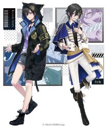 Rule 34 | 2boys, :d, animal hood, ankle boots, armband, award ribbon, beckoning, belt, belt buckle, black armband, black belt, black collar, black footwear, black hair, black jacket, black nails, black vest, blue capelet, blue ribbon, boots, buckle, buttons, capelet, cat hood, chain belt, character name, chimachi, collar, collared shirt, copyright notice, denim, denim shorts, double-breasted, double-parted bangs, dual persona, earrings, fold-over boots, full body, fur-trimmed boots, fur trim, hair between eyes, hair ornament, hairclip, hand on own chest, handprint, holostars, holostars idol uniform (1st act), hood, hood up, idol clothes, jacket, jewelry, kanade izuru, kanade izuru (1st costume), knee boots, lace-up boots, lapels, lightning bolt, lightning bolt hair ornament, lightning bolt symbol, long sleeves, looking at viewer, male focus, multiple boys, multiple views, nail polish, neck ribbon, notched lapels, official alternate costume, official art, open clothes, open hands, open jacket, open mouth, padded jacket, pants, purple eyes, purple shirt, ribbon, sash, shirt, short hair, shorts, side-by-side, side cape, sleeve cuffs, smile, spiked collar, spikes, standing, standing on one leg, torn clothes, torn shorts, two-sided fabric, two-sided jacket, vest, virtual youtuber, white background, white jacket, white pants, white shirt, yellow sash